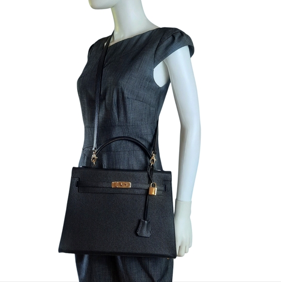Vtg Black Epsom Leather Kelly Bag w/Clochette Lock Key & Strap GHW 32cm Italy - Picture 4 of 15
